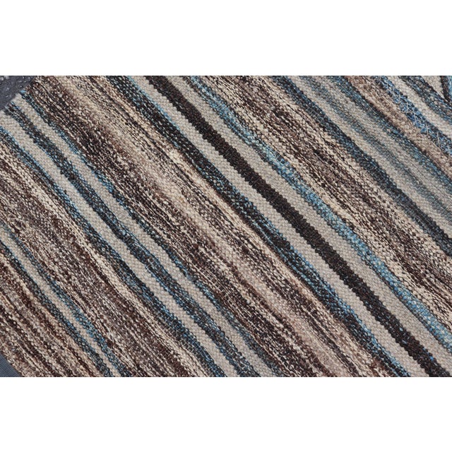 Modern Tribal Kilim Runner in Denim Blue, Brown, and Ivory Striped Design For Sale - Image 11 of 11