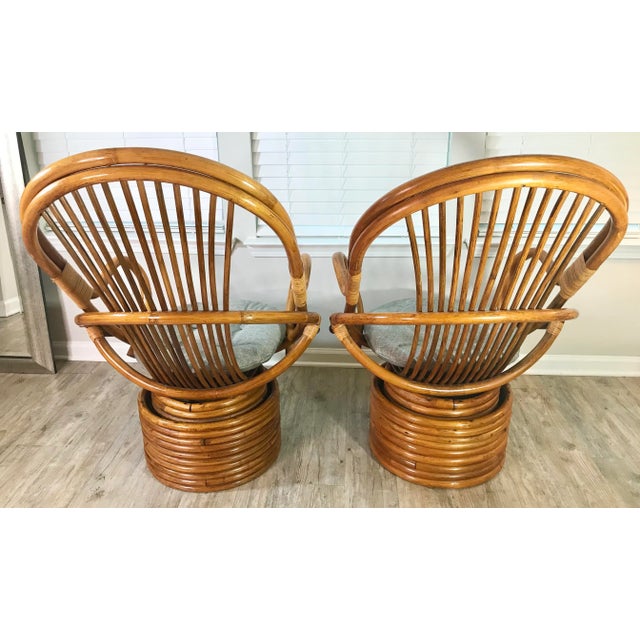 Boho Chic Vintage Paul Frankl Style Bamboo Rattan Swivel Chairs - Set of 2 For Sale - Image 3 of 7
