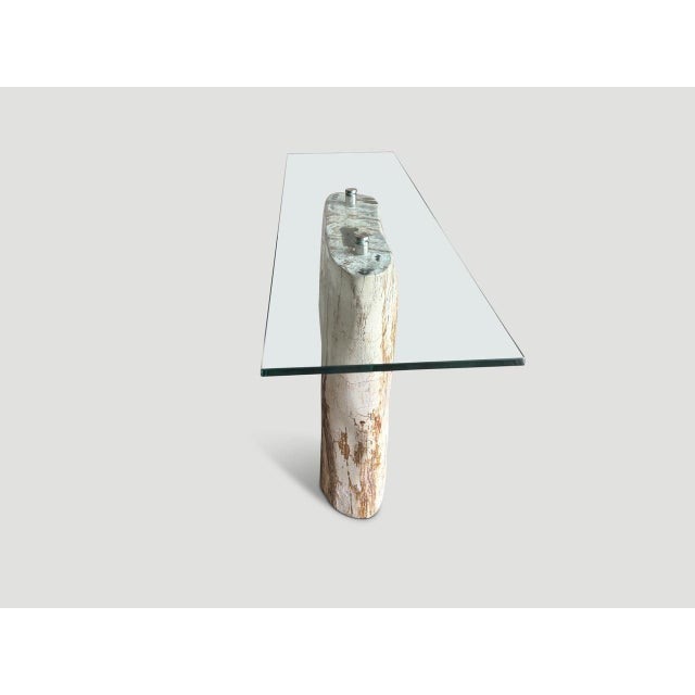 2010s Andrianna Shamaris Petrified Wood Base and Glass Top Console Table For Sale - Image 5 of 5