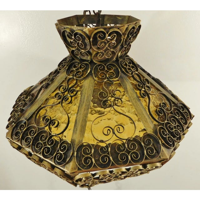 Vintage Mid 20th Century Gold Wrought Iron Scroll Amber Stained Glass Octagon 4 Light Chandelier For Sale In West Palm - Image 6 of 8