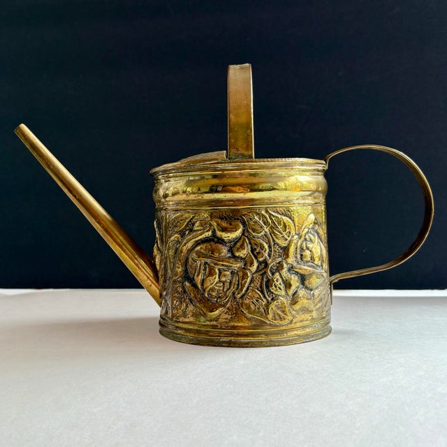 Metal Vintage Embossed Brass Floral Watering Can With Roses For Sale - Image 7 of 11