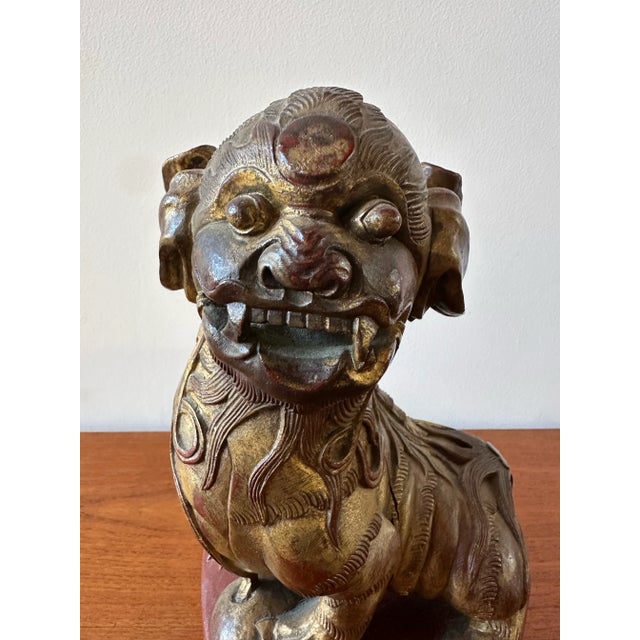 1920s Chinese Red Carved Gilt Wood Foo Dog For Sale - Image 4 of 12