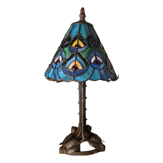 Antique Wrought Iron Floor Lamp with Lead-Soldered Stained Glass Lampshade, 1900-1940 For Sale