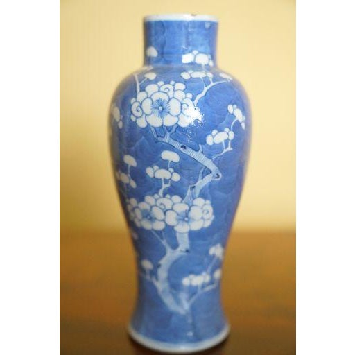 A decorative Chinese blue-and-white porcelain vase featuring white prunus blossoms against a soft blue cracked-ice ground....