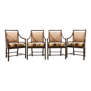 Set of Four McGuire Rattan Target Upholstered Dining Armchairs For Sale