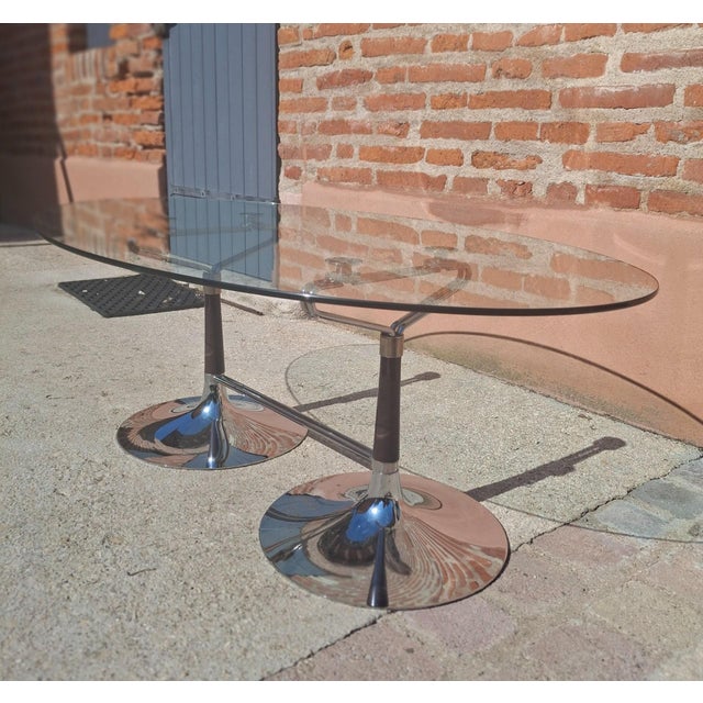 Oval Table in Glass, Chrome and Walnut, 1970s For Sale - Image 8 of 11