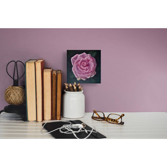 Pink Rose by Robin Hextrum | Oil on panel Pink rose flower against a dark background. For Sale - Image 4 of 4