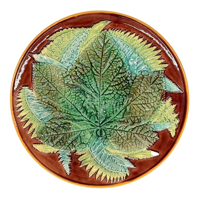 George Jones Majolica Maple Leaf and Ferns Plate on a Brown Ground, Ca. 1870. For Sale