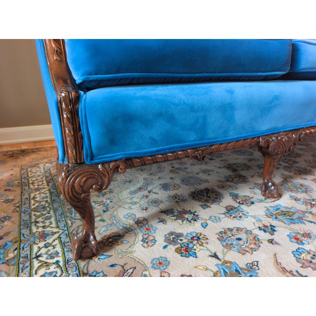 Restored Vintage Chippendale Style Camelback Sofa in Blue Velvet For Sale - Image 9 of 18