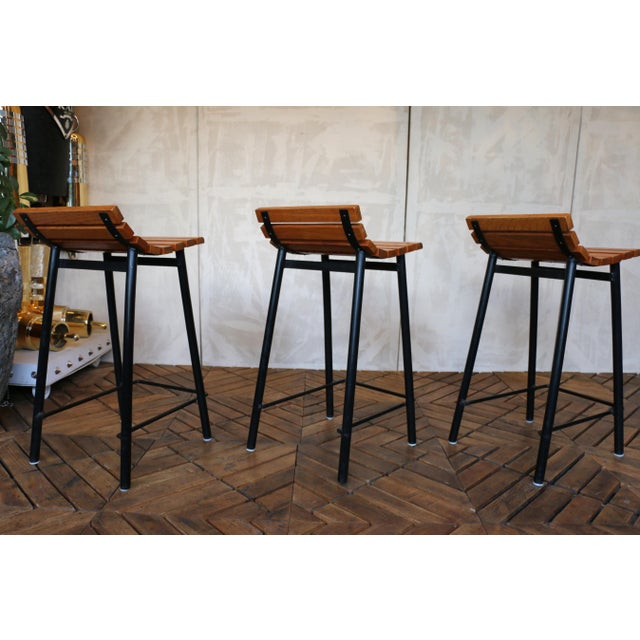 Mid-Century Modern Set of Three Mid-Century Modern Oak & Steel Bar Stools, 1960s For Sale - Image 3 of 18