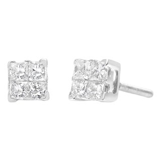 .925 Sterling Silver 5/8 Cttw Princess Cut Diamond Invisible Set Quad Composite Stud Earrings (I-J Color, I2-I3 Clarity) - 2 Pieces For Sale