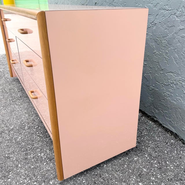Wood Postmodern Pink Gloss Laminate and Oak Dresser For Sale - Image 7 of 10