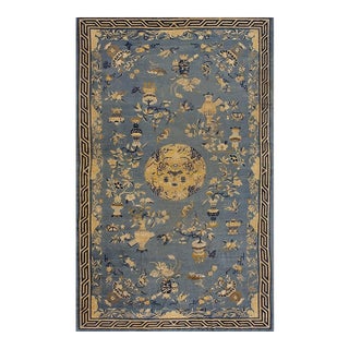 1920s Blue Antique Greek Key Rectangle Hand Knotted Pile Wool 9' X1 4' 4" Rug For Sale