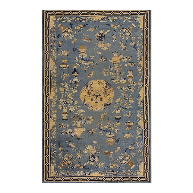 1920s Blue Antique Greek Key Rectangle Hand Knotted Pile Wool 9' X1 4' 4" Rug For Sale