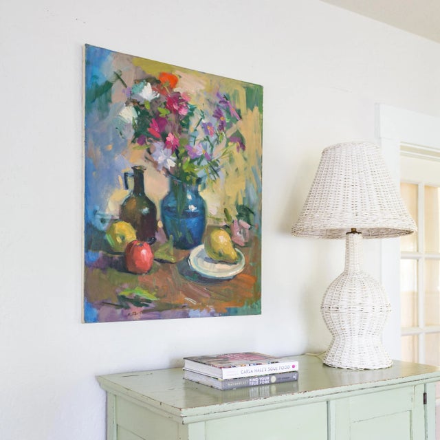 Mid 20th Century Colorful Fruit and Floral Impressionist Still Life Oil Painting For Sale - Image 5 of 10
