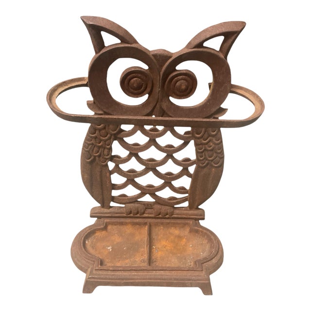Vintage Cast Iron Whimsical Owl Umbrella Stand & Drip Tray For Sale