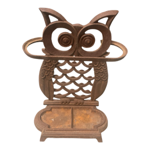 Vintage Cast Iron Whimsical Owl Umbrella Stand & Drip Tray