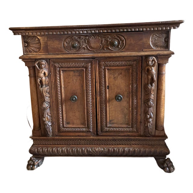 Antique Baroque 17th C. Two Door Carved Cabinet on Carved Paw Feet. 45.5l X 16.5d X 43.5h For Sale