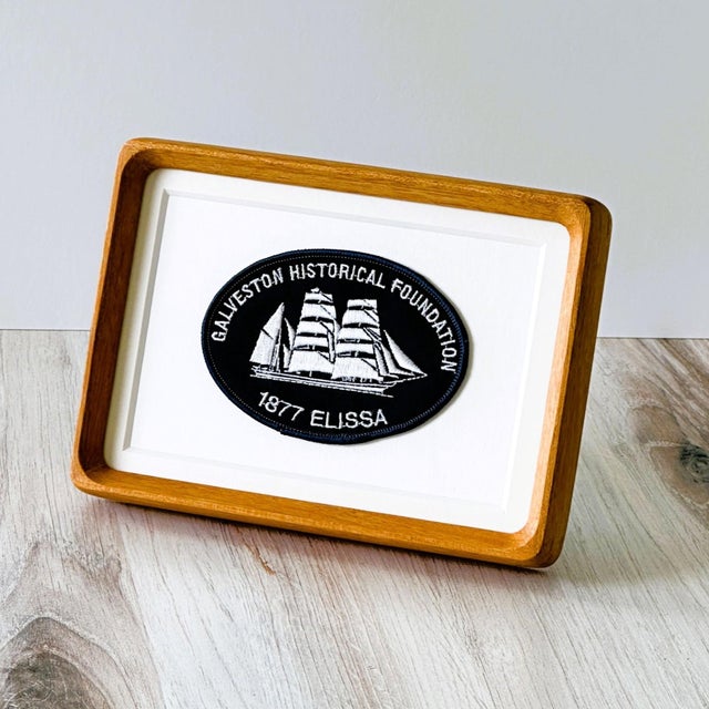 American Texas Galveston Historical Foundation Ship Elissa Vintage Travel Patch Wood Framed For Sale - Image 3 of 4