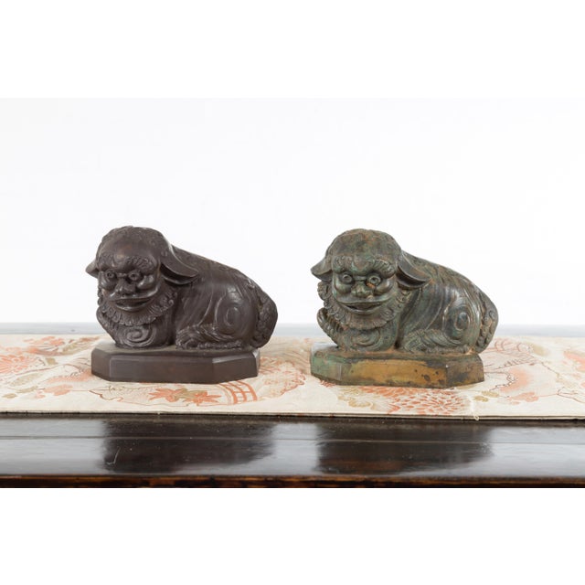 Vintage Lost Wax Cast Bronze Foo Dog Sculptures with Bronze or Verde Patina For Sale In New York - Image 6 of 12