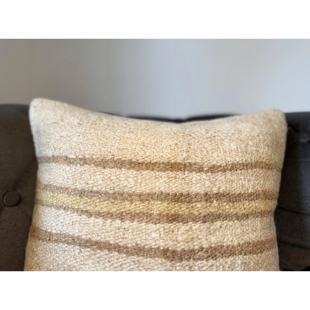 Turkish Turkish Hemp Pillow, Ivory Taupe Multi-Stripe Cushion, Handwoven Anatolian Pillow With Insert, 16x16 In For Sale - Image 3 of 8