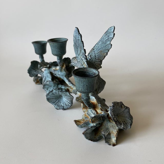 Vintage Spi Triple Candelabra: Pewter, Verde-Patina, Morning Glory Hummingbird For Sale - Image 18 of 18