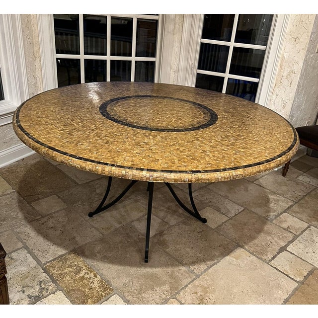 Arhaus Travertine Marble Mosaic Dining Room Round Table in Wrought Iron