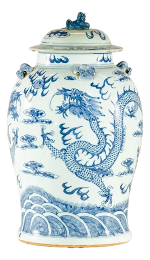 Qing Dynasty Blue and White Porcelain Dragon Jar with Lid and Foo Dog Finial
