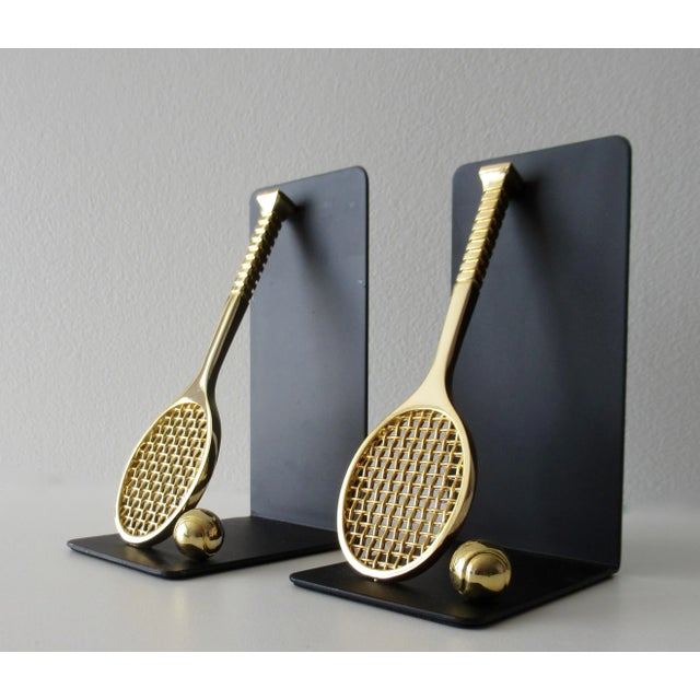C.1980's Brass Tennis Racket & Ball Bookends With Black Satin Metal Backs -Made Exclusively for Lord & Taylor For Sale In West Palm - Image 6 of 13