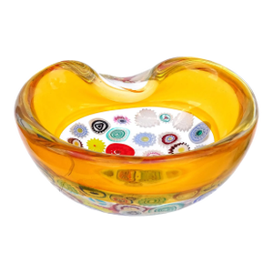 Murano Seguso Millefiori Flower Canes Italian Art Glass Vintage Incalmo Yellow Orange Rim Bowl