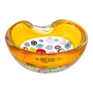 Vintage Murano Seguso Millefiori Flower Canes Italian Art Glass Incalmo Yellow Orange Rim Bowl For Sale