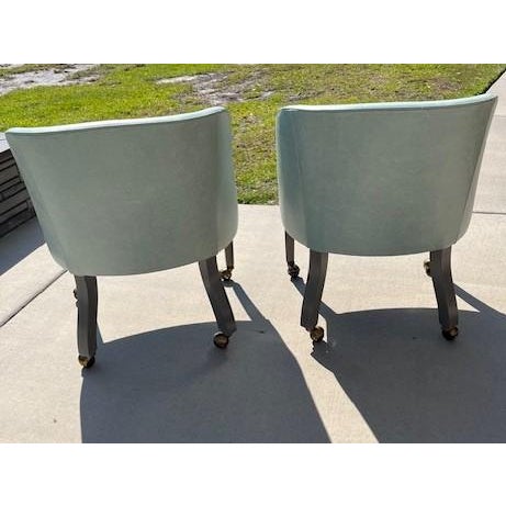 Transitional Custom Ice Blue Leather Game Chairs - a Pair For Sale - Image 3 of 5