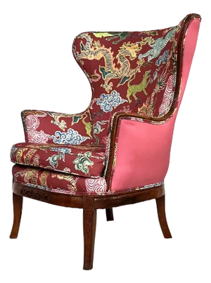 1930s Newly Reupholstered Chinoiserie Butterfly Wingback Chair