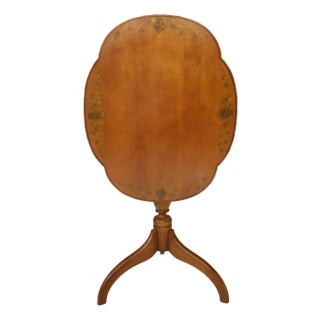 Mid 20th Century L. Hitchcock Harvest Stenciled Scalloped Edge Tilt-Top Candlestick Tea Side Table For Sale