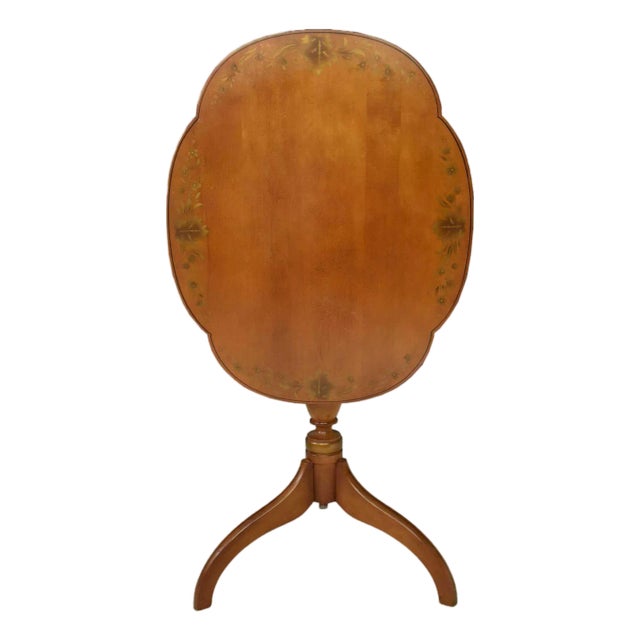 Mid 20th Century L. Hitchcock Harvest Stenciled Scalloped Edge Tilt-Top Candlestick Tea Side Table For Sale