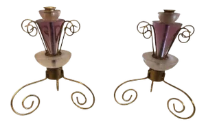 Art Deco Style Lucite and Gilt Metal Candlestick - a Pair
