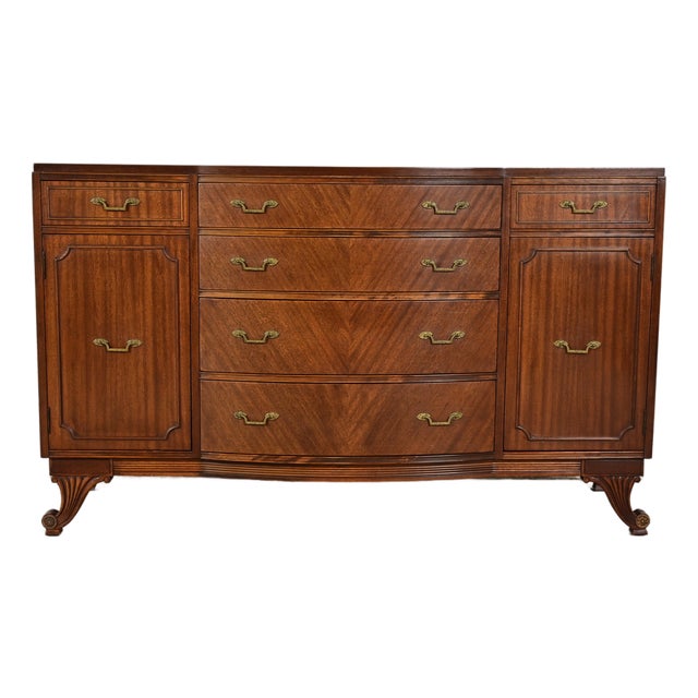 French Regency Louis XVI Carved Mahogany Bow Front Sideboard or Bar Cabinet, Circa 1940s For Sale