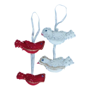 Mid-Century Felt Cardinal & Dove Bird Christmas Ornaments - Set of 4