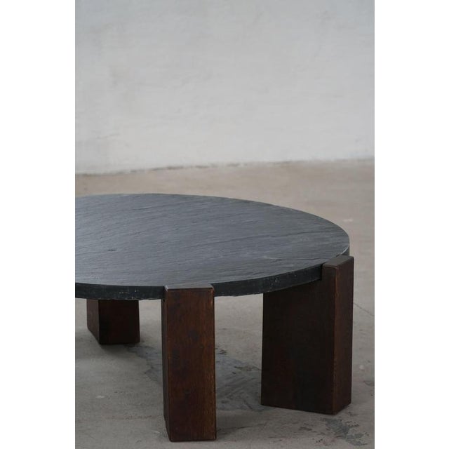 Brutalist French Round Coffee Table in Oak and Slate, 1970s For Sale - Image 10 of 17