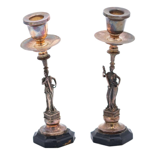 Silver Candlesticks with Deities and Plain Sconces with Octagonal Wooden Base, Set of 2 For Sale