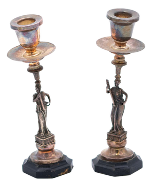 Silver Candlesticks with Deities and Plain Sconces with Octagonal Wooden Base, Set of 2