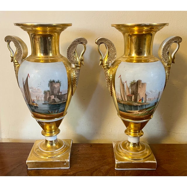 Antique Early 19th Century French Empire Paris Porcelain Vases or Urns Decorated With Neapolitan Port Scenes & Swan Handles, Circa 1820 - A Pair For Sale - Image 14 of 18