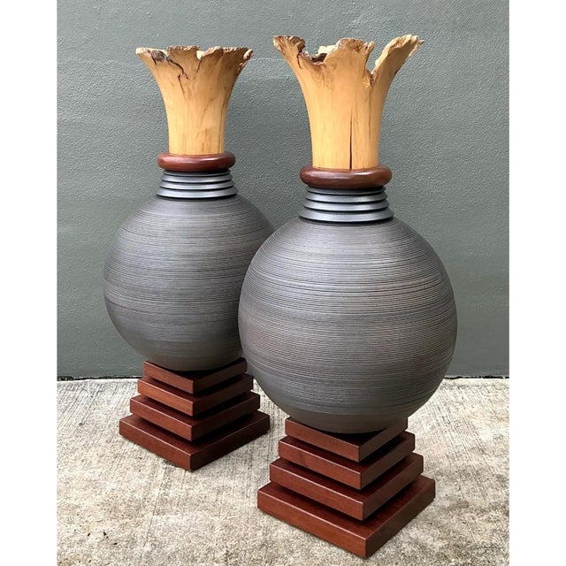 Mid-Century Modern Vintage Monumental Sculptural Wood Urns - A Pair For Sale - Image 3 of 12