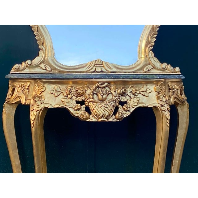 1920s French Louis XVI Gilt Beech Marble Console Table & Mirror – 2 Pc For Sale - Image 4 of 10