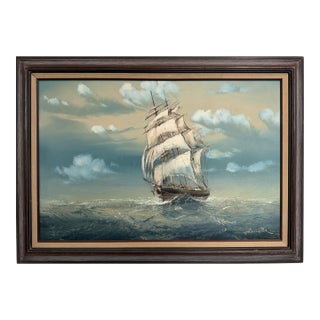 Large Vintage Signed Original Marine Oil Painting Tall Ship Nautical Seascape For Sale