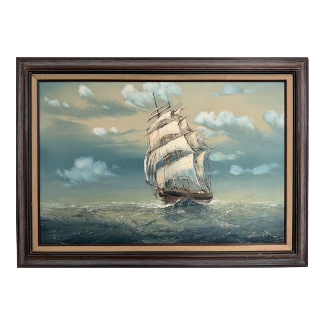 Large Vintage Signed Original Marine Oil Painting Tall Ship Nautical Seascape For Sale