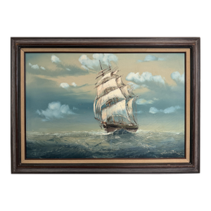 Large Vintage Signed Original Marine Oil Painting Tall Ship Nautical Seascape