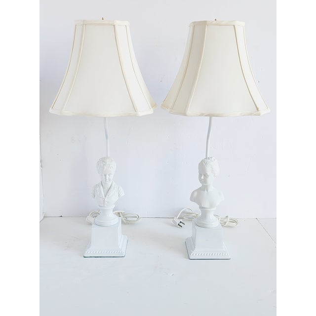 Vintage Mid Century Limoges France, bisque and porcelain busts mounted as table lamps featuring the Brongniart children by...