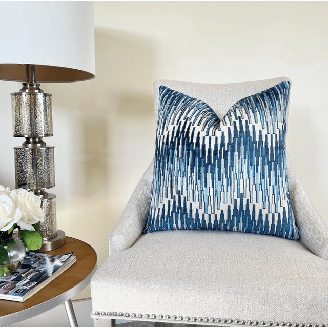 Not Yet Made - Made To Order Blue Multi Zigzag Velvet Throw Pillow With Feather Down Insert For Sale - Image 5 of 6