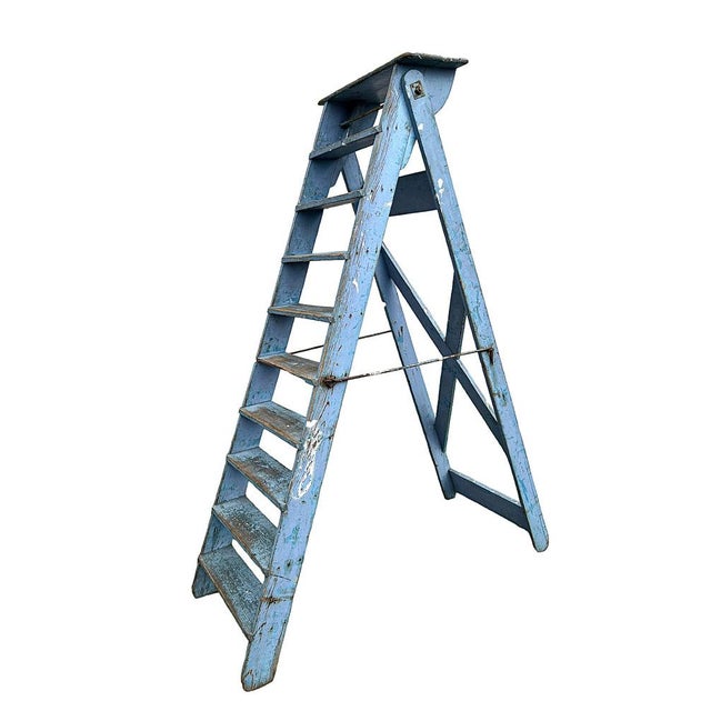 French Blue Painted Step Ladder, 1940s For Sale - Image 3 of 18